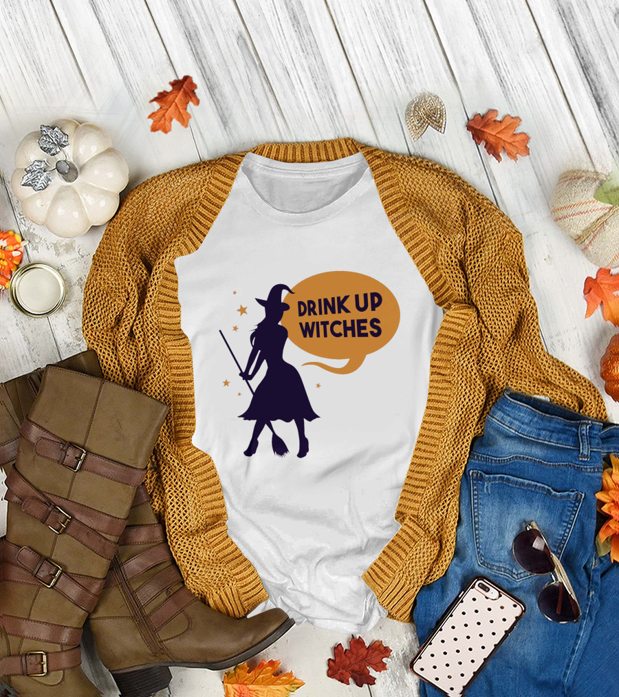 Drink Up Witches Halloween Silhouette with Broom and Stars T-Shirt