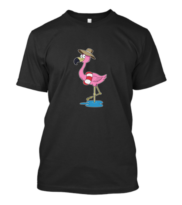 Happy Cute Pink Flamingo Wearing Hat With Beach Inflatable Ring T-Shirt