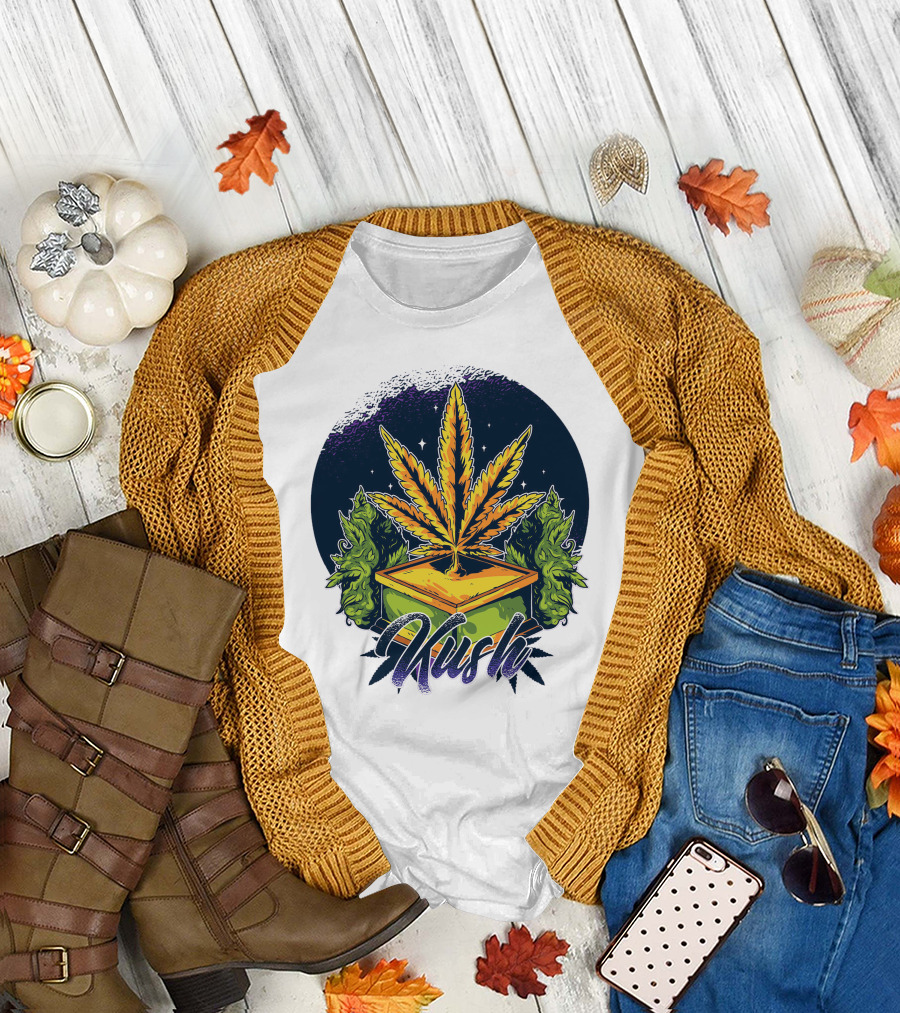 Kush Cannabis Leaf with Stars and Green Buds T-Shirt
