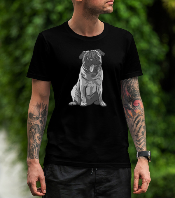 Pug Black And White Illustration Sitting Pug T-Shirt