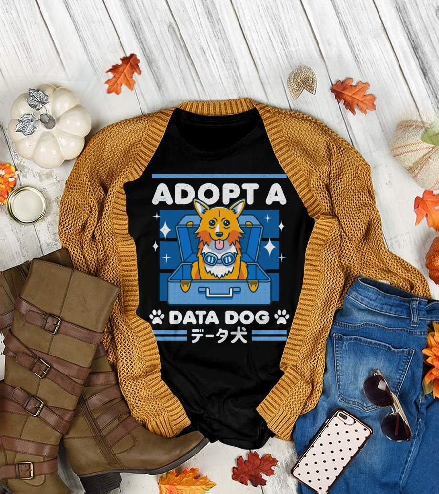 ADOPT A DATA DOG Retro Sci-Fi Cyber Adventure Canine in Suitcase T-Shirt