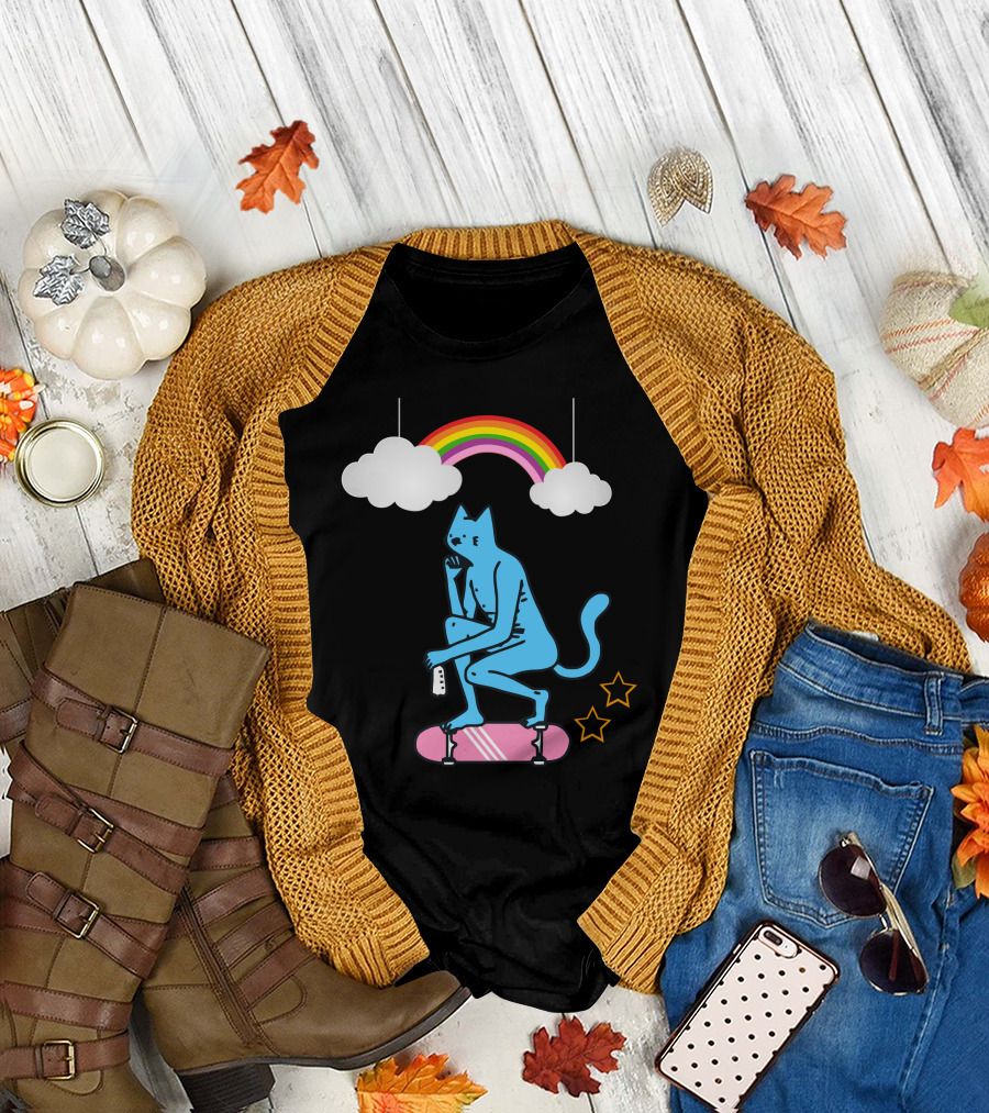 Coolest Cat Skating Under Rainbow Clouds with Stars T-Shirt