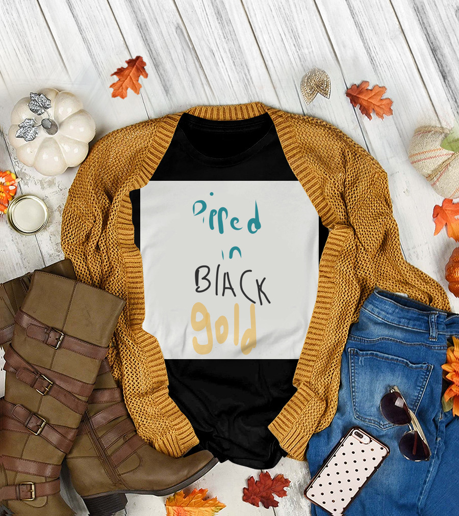 Dipped in Black Gold Teal and Yellow Typography T-Shirt