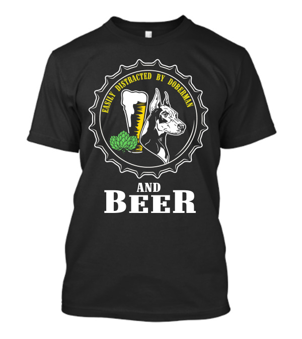 Easily Distracted By Doberman And Beer Circular Badge With Dog, Hops, And Beer Glass T-Shirt