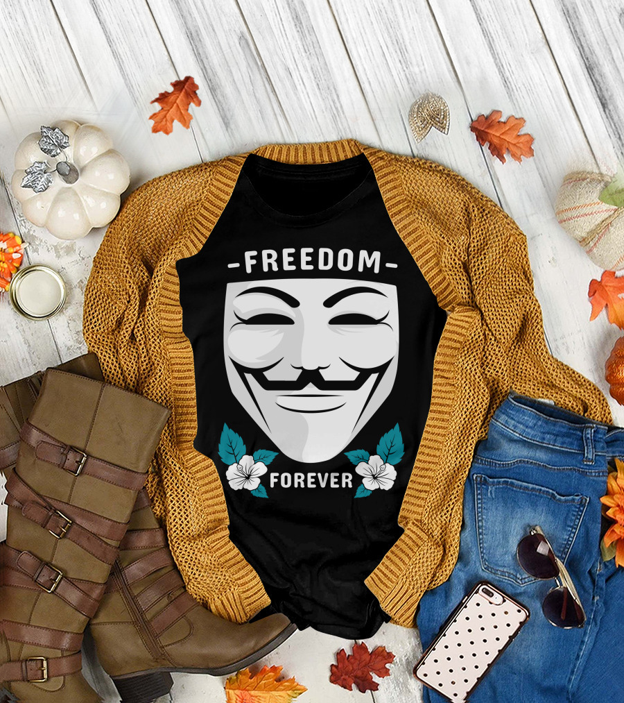 Freedom Forever Anonymous Face Mask Icon with Flowers T-Shirt
