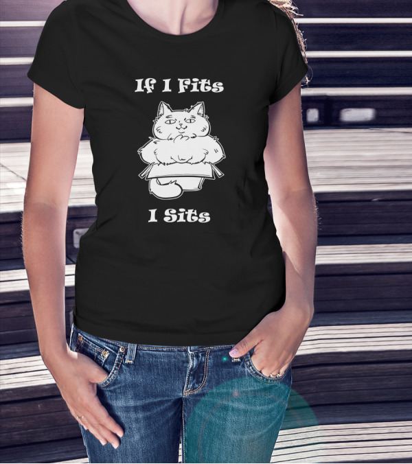 If I Fits I Sits Cat Box Cute Fluffy Feline In Small Carton T-Shirt