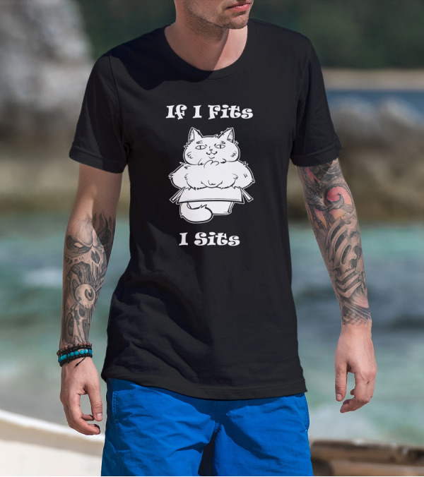 If I Fits I Sits Cat Box Cute Fluffy Feline In Small Carton T-Shirt