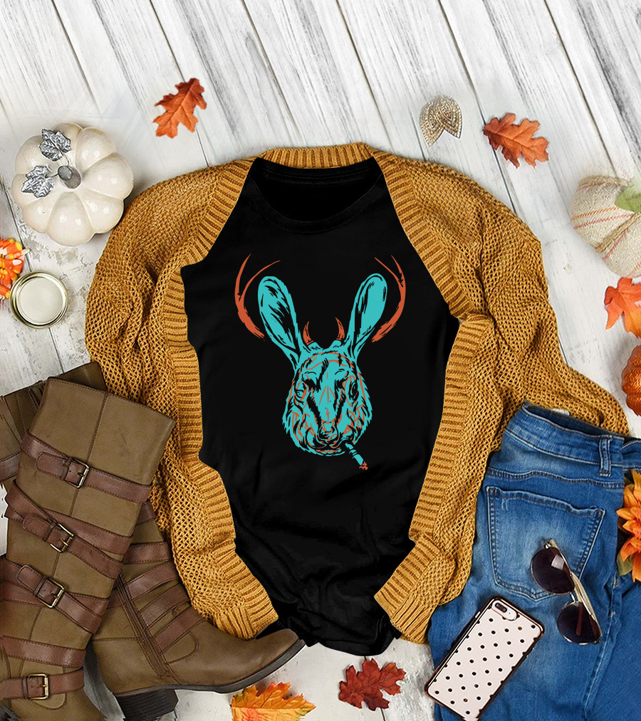 Jackalope X Ray Smoking Rabbit Antlers Blue and Orange T-Shirt