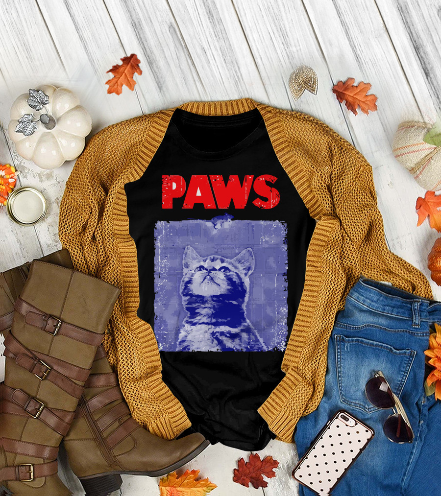 Paws Cat Retro Style Blue Background T-Shirt