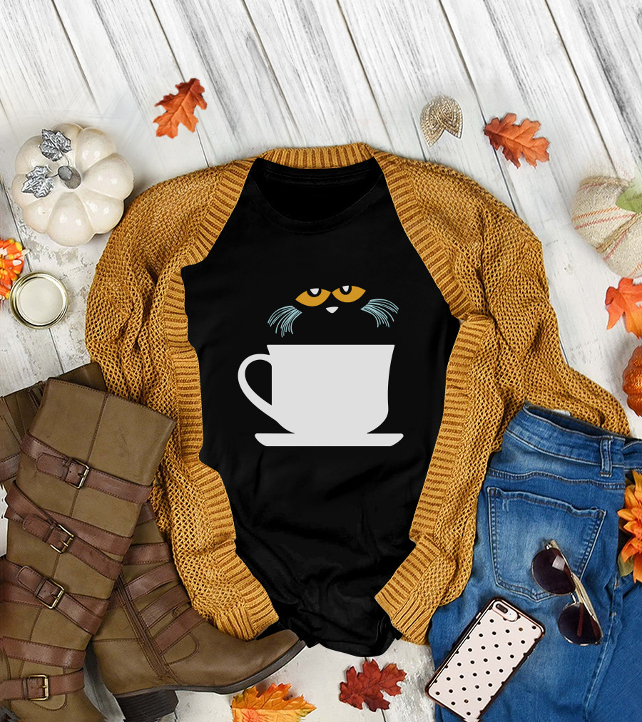 Black Cat in Coffee Cup Officially Licensed Character Morning Coffee T-Shirt