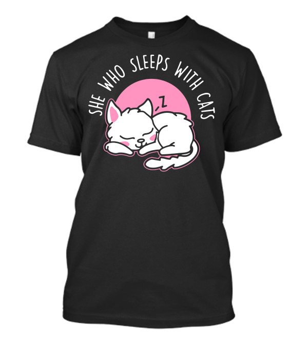 She Who Sleeps With Cats White Kitty Pink Moon T-Shirt