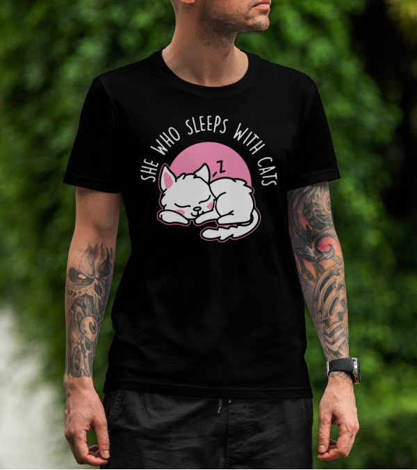 She Who Sleeps With Cats White Kitty Pink Moon T-Shirt