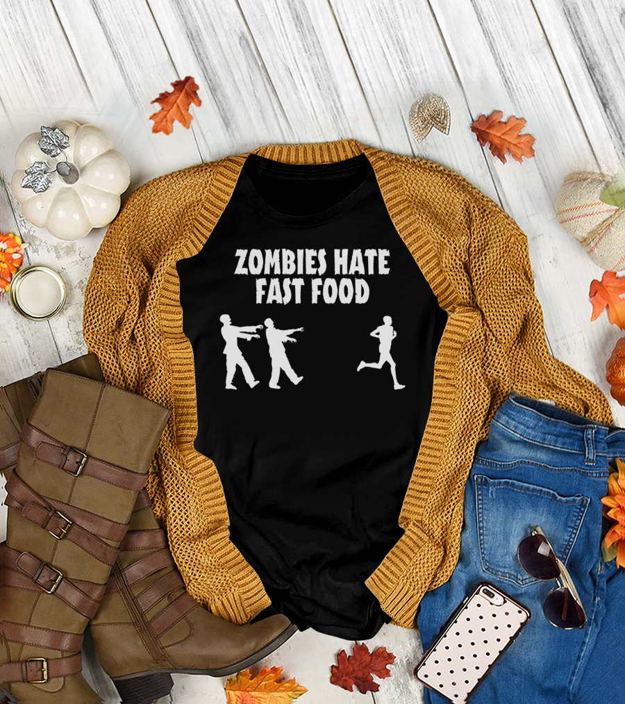Zombies Hate Fast Food Silhouette Running Chase T-Shirt