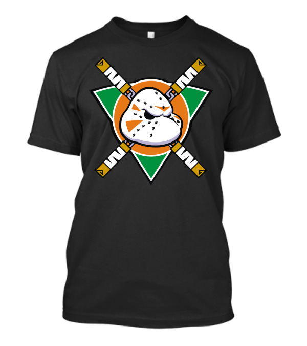 Mighty Mikey Ducks Hockey Mask Crossed Sticks Triangle Emblem T-Shirt