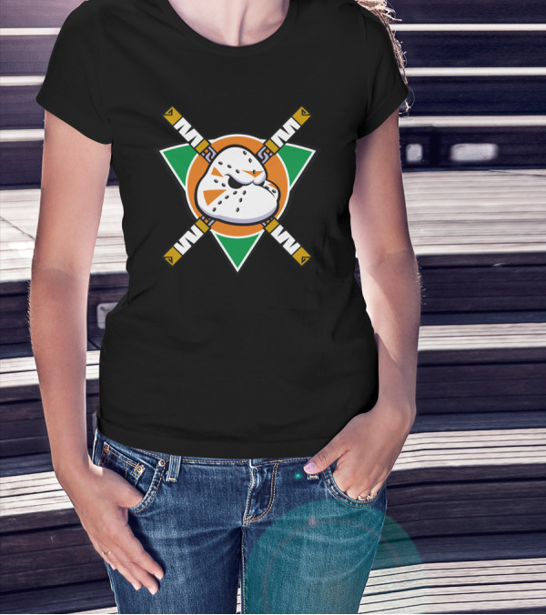 Mighty Mikey Ducks Hockey Mask Crossed Sticks Triangle Emblem T-Shirt