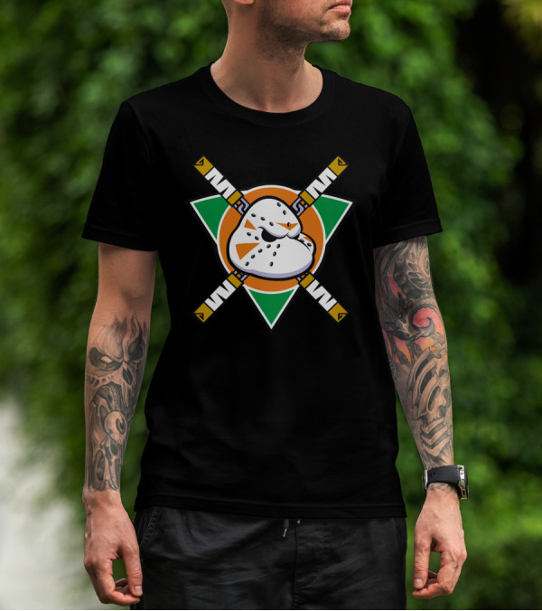 Mighty Mikey Ducks Hockey Mask Crossed Sticks Triangle Emblem T-Shirt