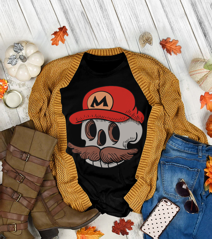 Super Mario Skull Moustache Red Hat T-Shirt