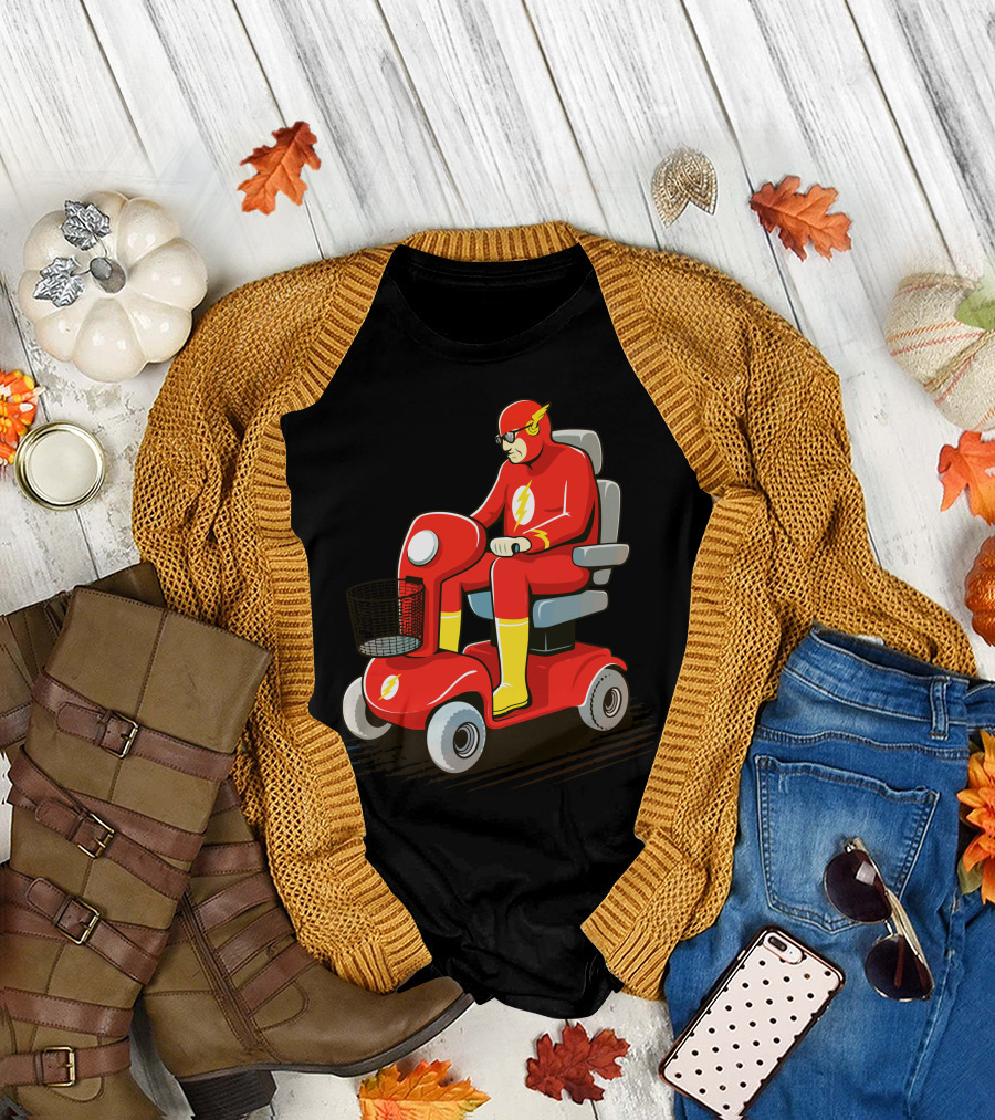 Slow Speedster on Red Mobility Scooter with Lightning Bolt Emblem T-Shirt