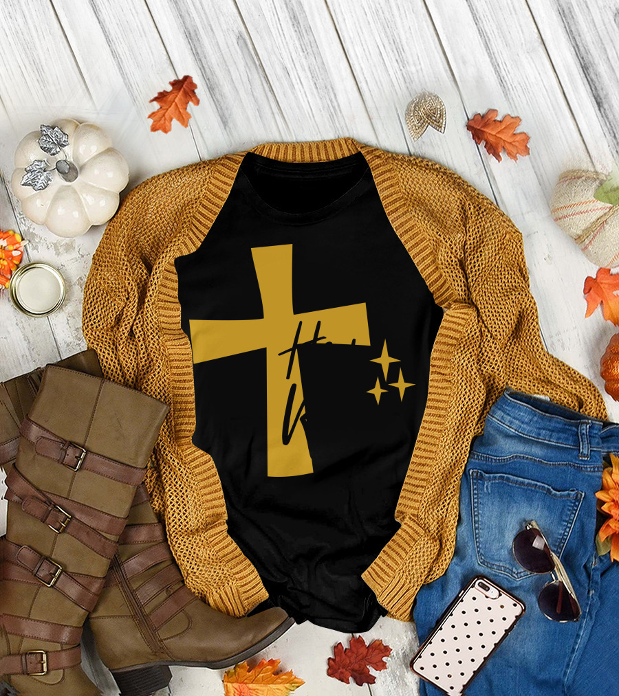 He Is Risen Matthew 28:6 Gold Cross and Stars T-Shirt