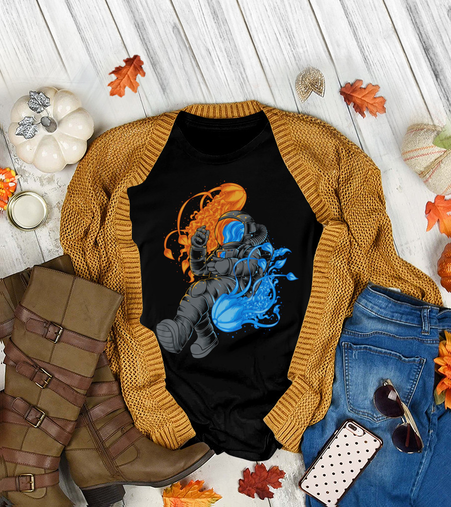 Jellyfish Astronaut Orange and Blue Cosmic Exploration T-Shirt