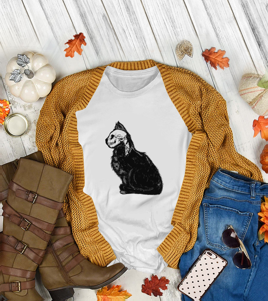 Kittycat Skeleton Illustration Cat Skull T-Shirt