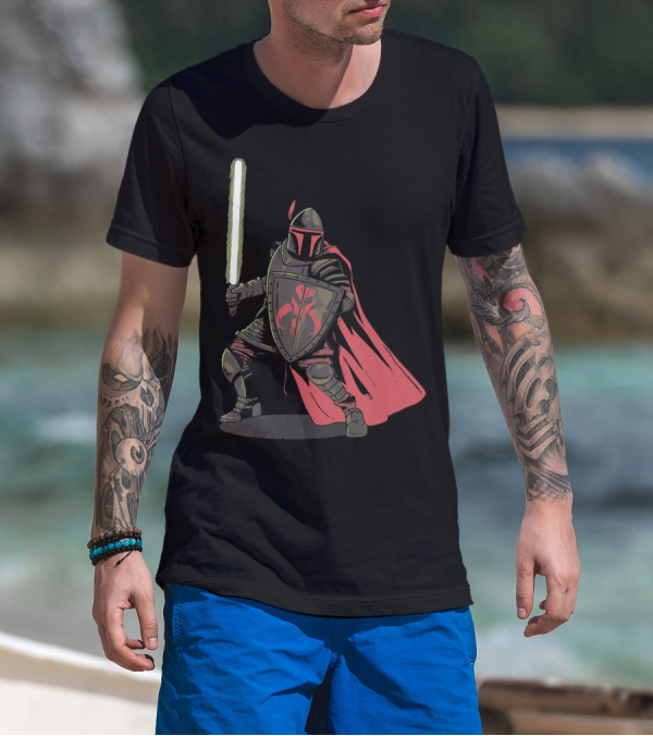 Mandalorian Knight With Lightsaber And Shield T-Shirt