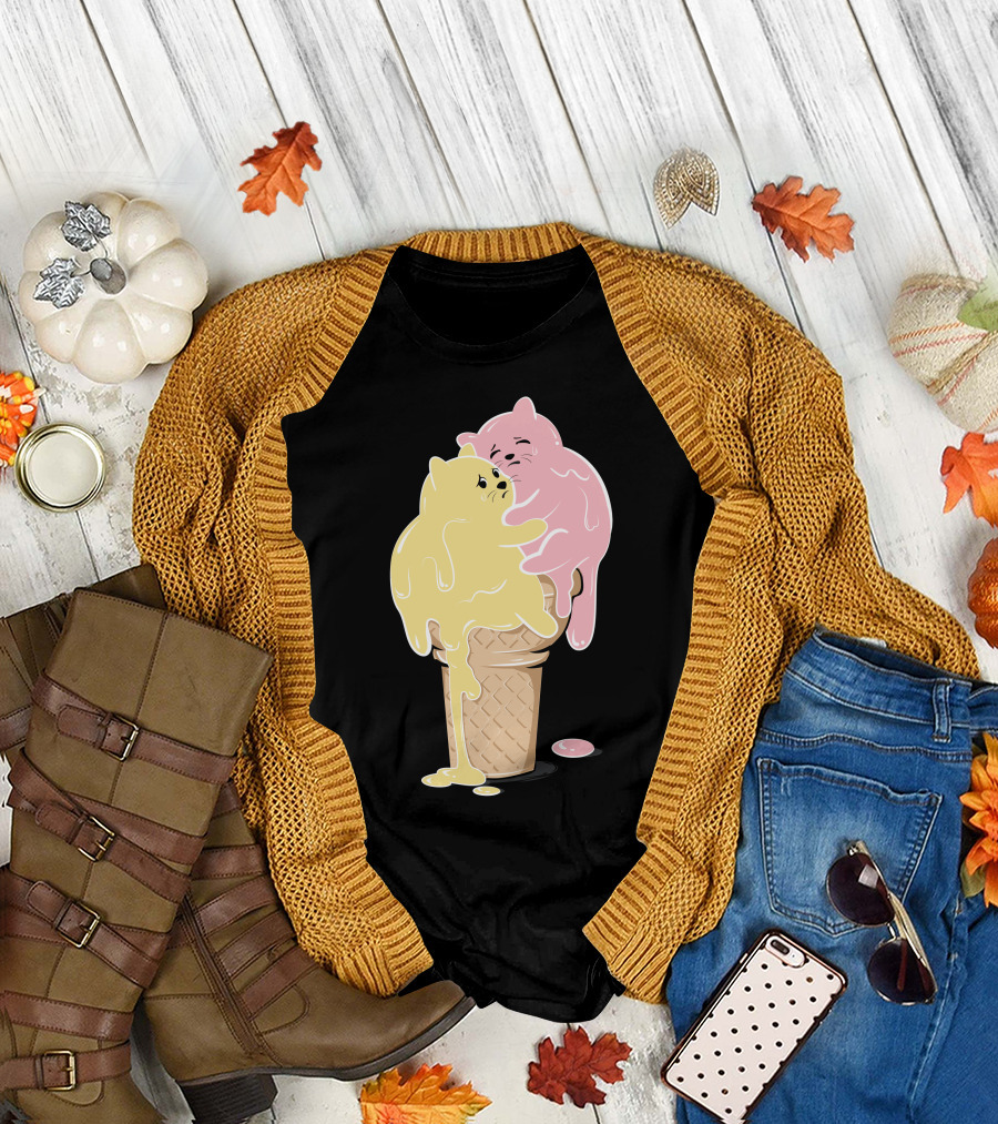 Melting Cats Ice Cream Cone Pastel Yellow and Pink T-Shirt