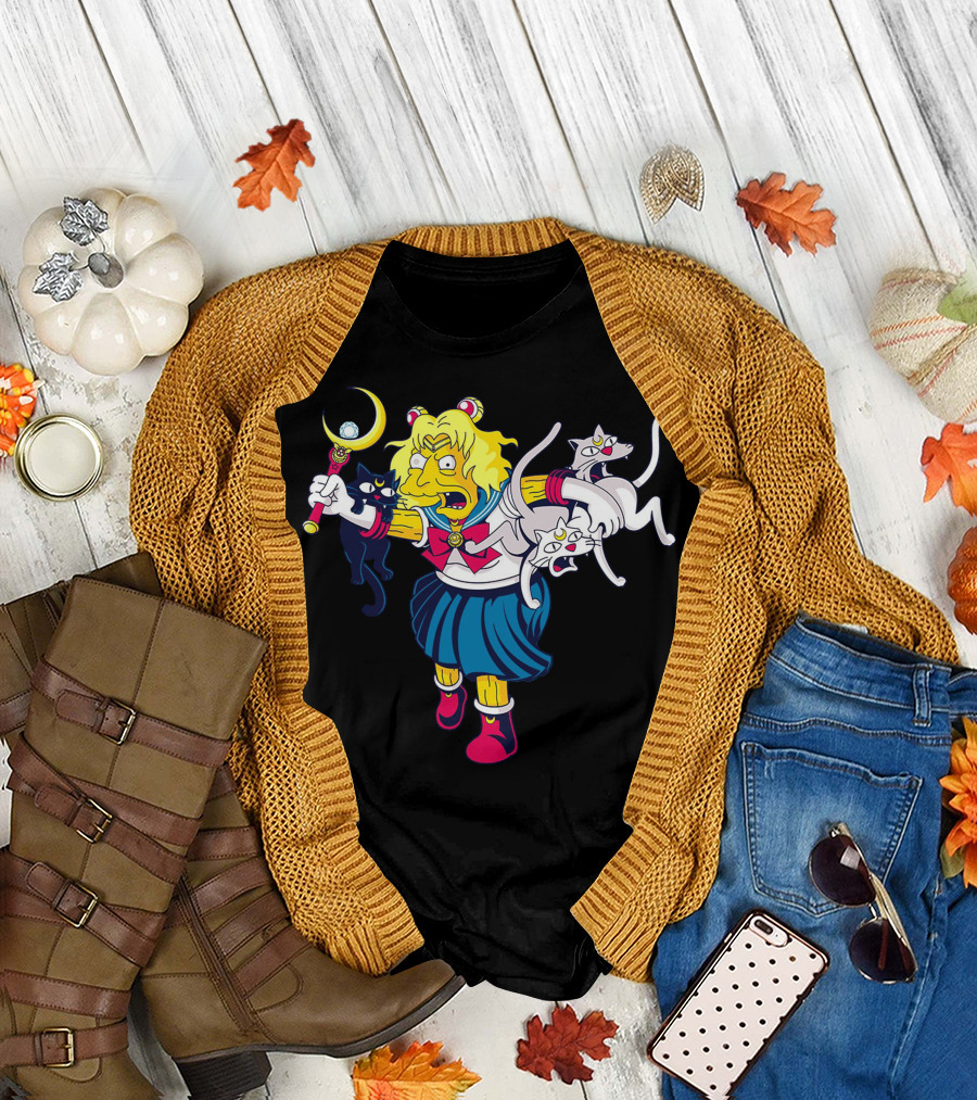 Homer Simpson Sailor Moon Parody with Luna and Artemis Cats T-Shirt