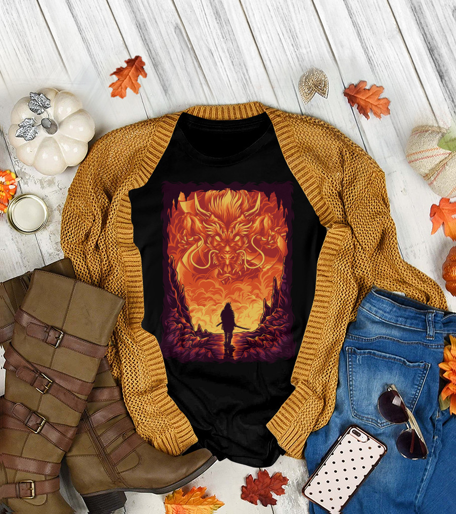 Samurai Confronts Fiery Dragon In Cave Encounter T-Shirt