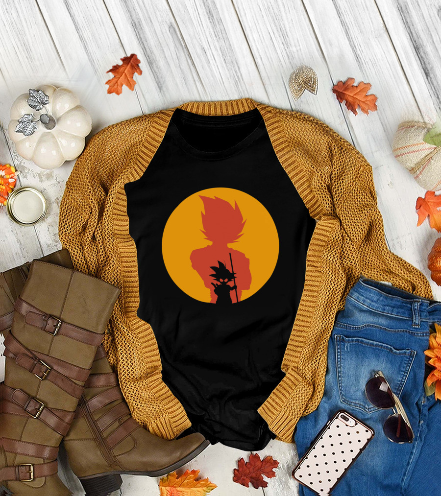 Shadow Goku Silhouette Against Fiery Sunset T-Shirt