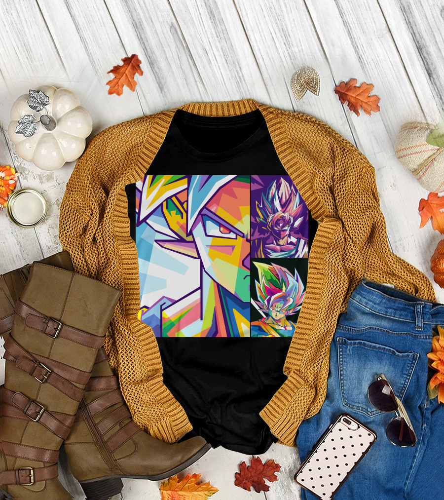 Sun Goku Pop Art Multicolor Super Saiyan Faces T-Shirt