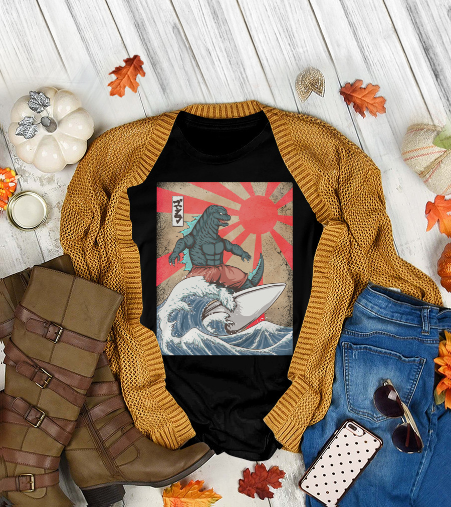 Surfing Kaiju Retro Japanese Wave Monster Sunburst Scene T-Shirt