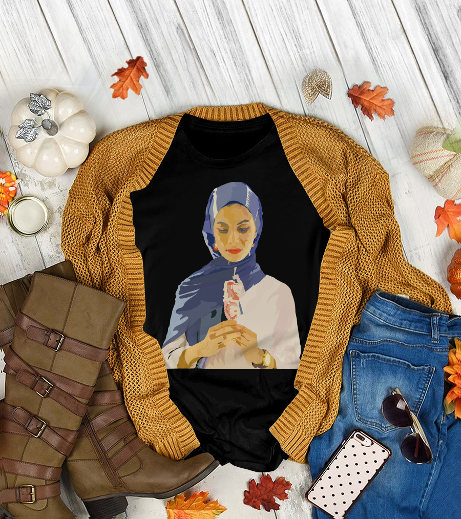 Vector Blue Hijab Woman Holding Flower T-Shirt