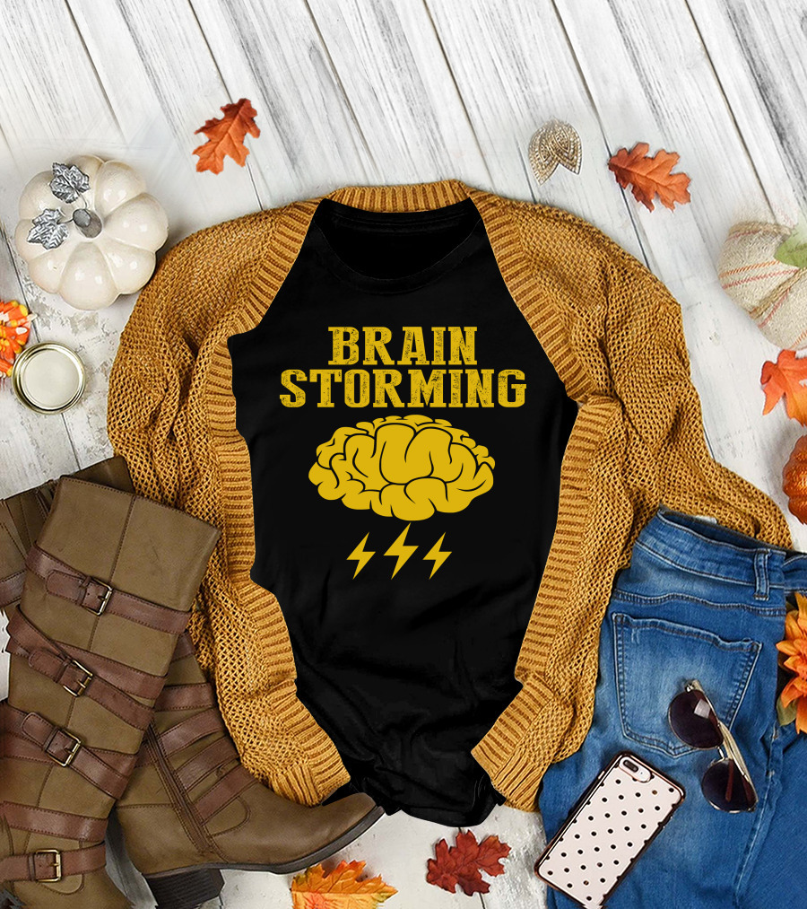 Brain Storming Lightning Brain Yellow Letters T-Shirt