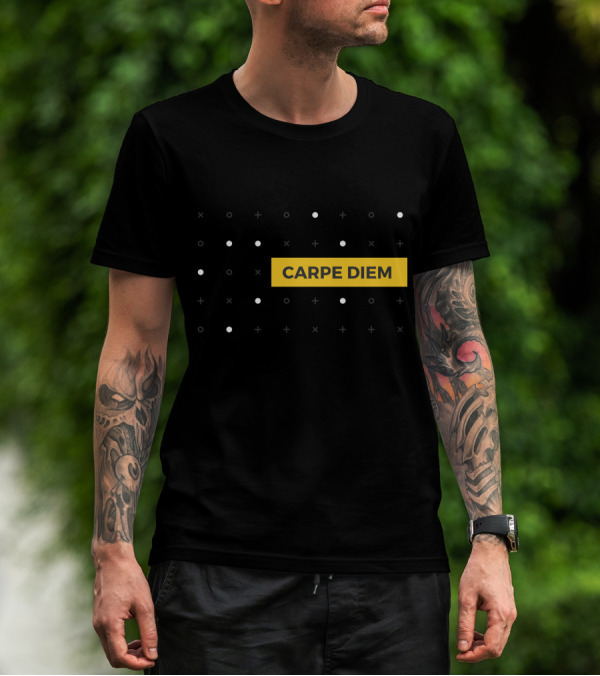 CARPE DIEM Yellow Block Minimalist Black Background With White Dots And Crosses T-Shirt