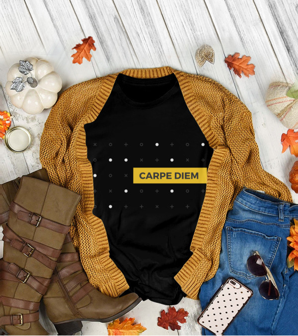 CARPE DIEM Yellow Block Minimalist Black Background With White Dots And Crosses T-Shirt