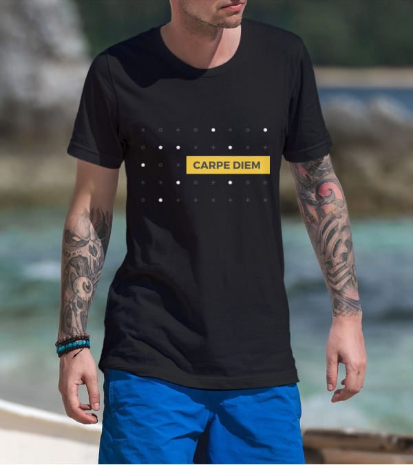 CARPE DIEM Yellow Block Minimalist Black Background With White Dots And Crosses T-Shirt