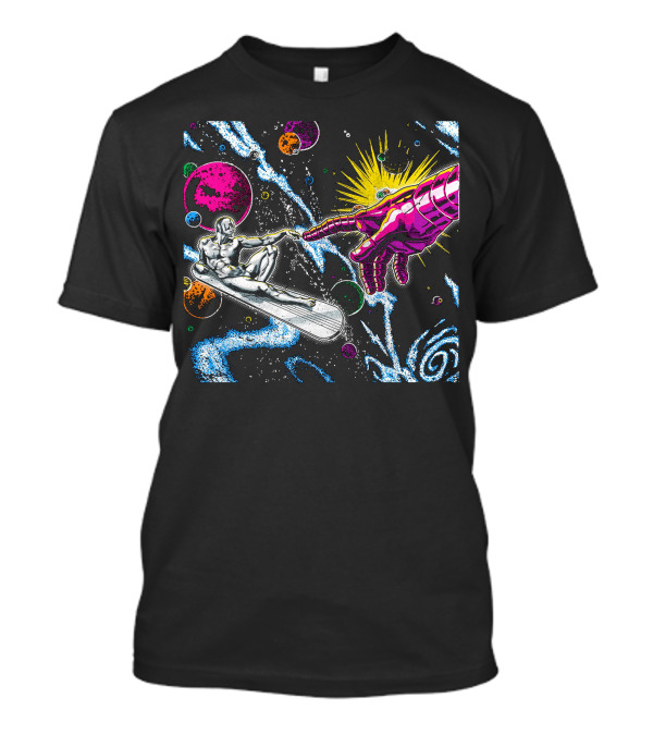 Silver Surfer And Galactic Hand Among Colorful Planets And Cosmic Swirls T-Shirt