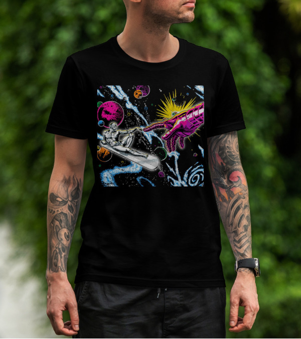 Silver Surfer And Galactic Hand Among Colorful Planets And Cosmic Swirls T-Shirt