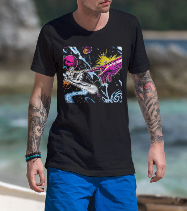Silver Surfer And Galactic Hand Among Colorful Planets And Cosmic Swirls T-Shirt