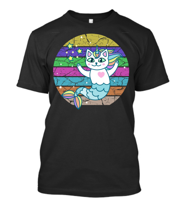 Cute Mermaid Cat Unicorn With Stars And Rainbow Stripes T-Shirt