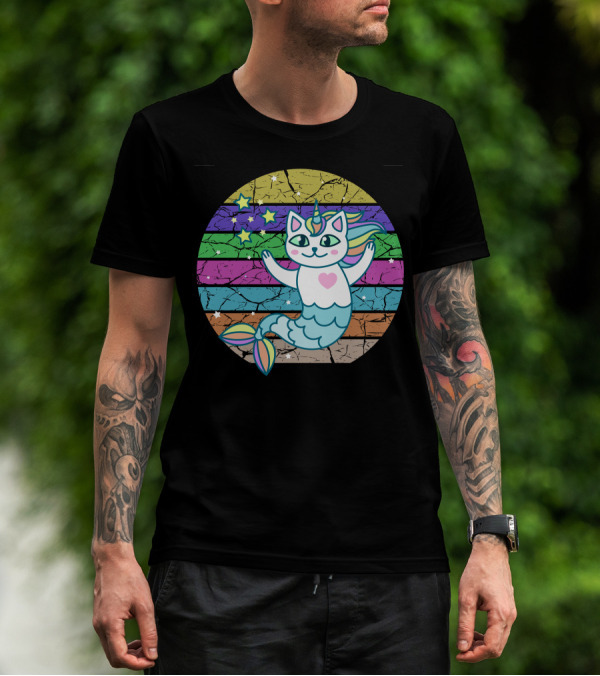 Cute Mermaid Cat Unicorn With Stars And Rainbow Stripes T-Shirt