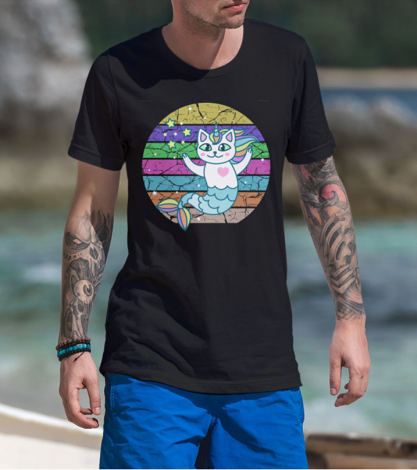 Cute Mermaid Cat Unicorn With Stars And Rainbow Stripes T-Shirt