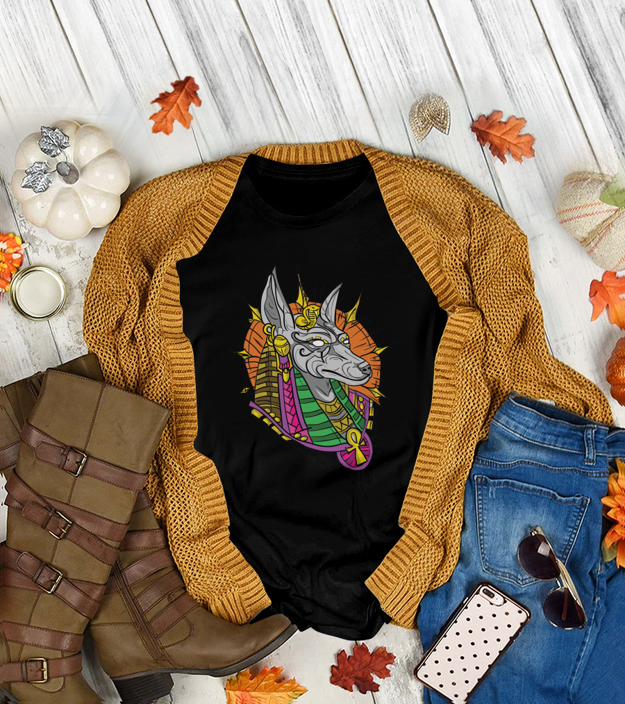 Anubis Hieroglyphic Color Burst with Ankh Egyptian T-Shirt