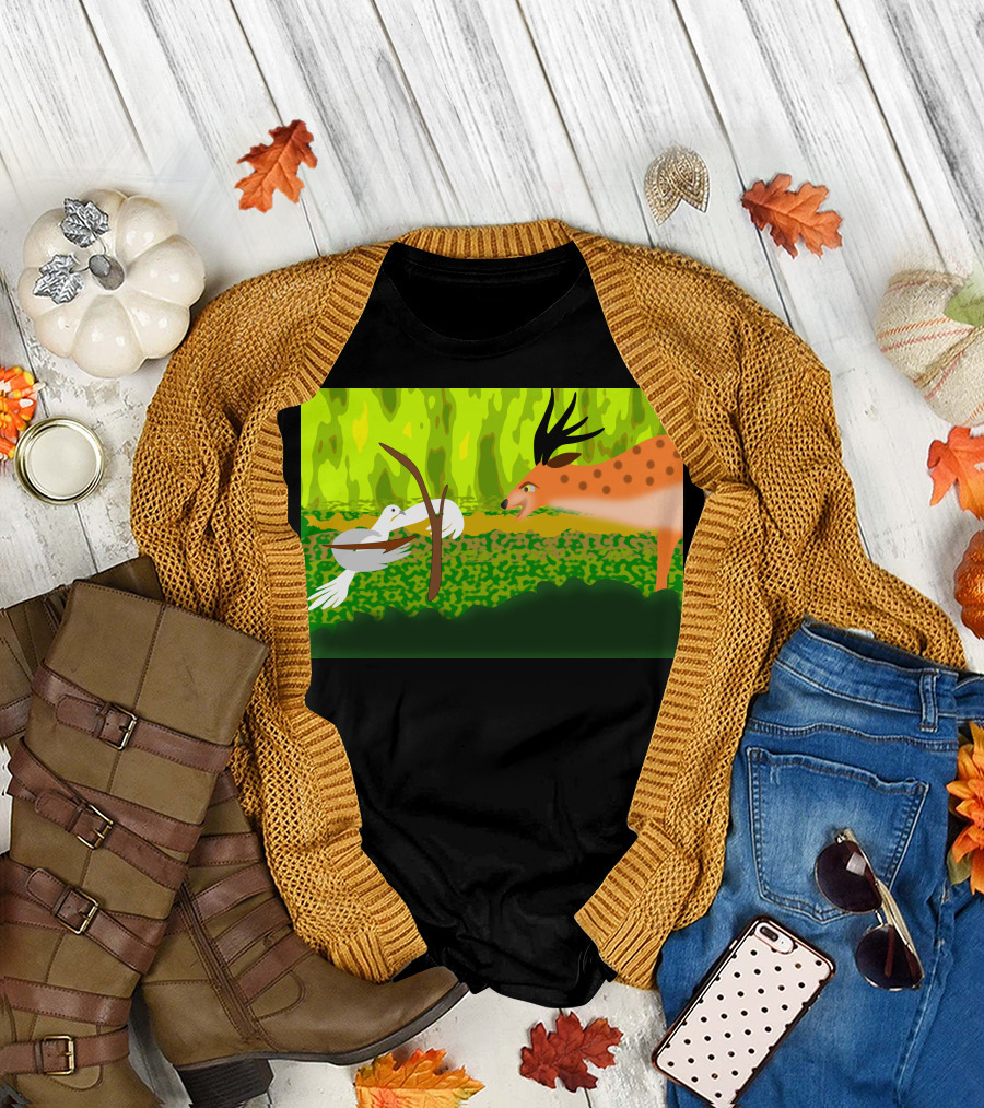 Dove with Bow Facing Spotted Deer in Forest Scene T-Shirt