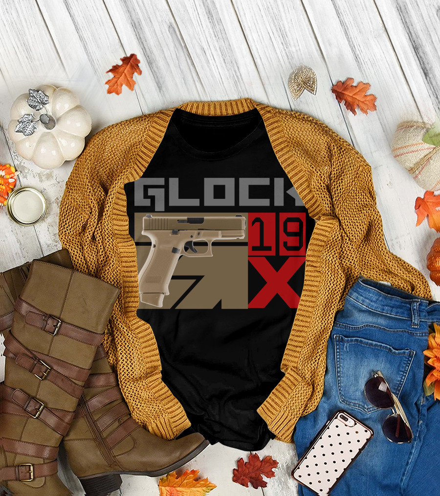 Glock 19X Tan Pistol Graphic with Bold Red and Gray Text T-Shirt
