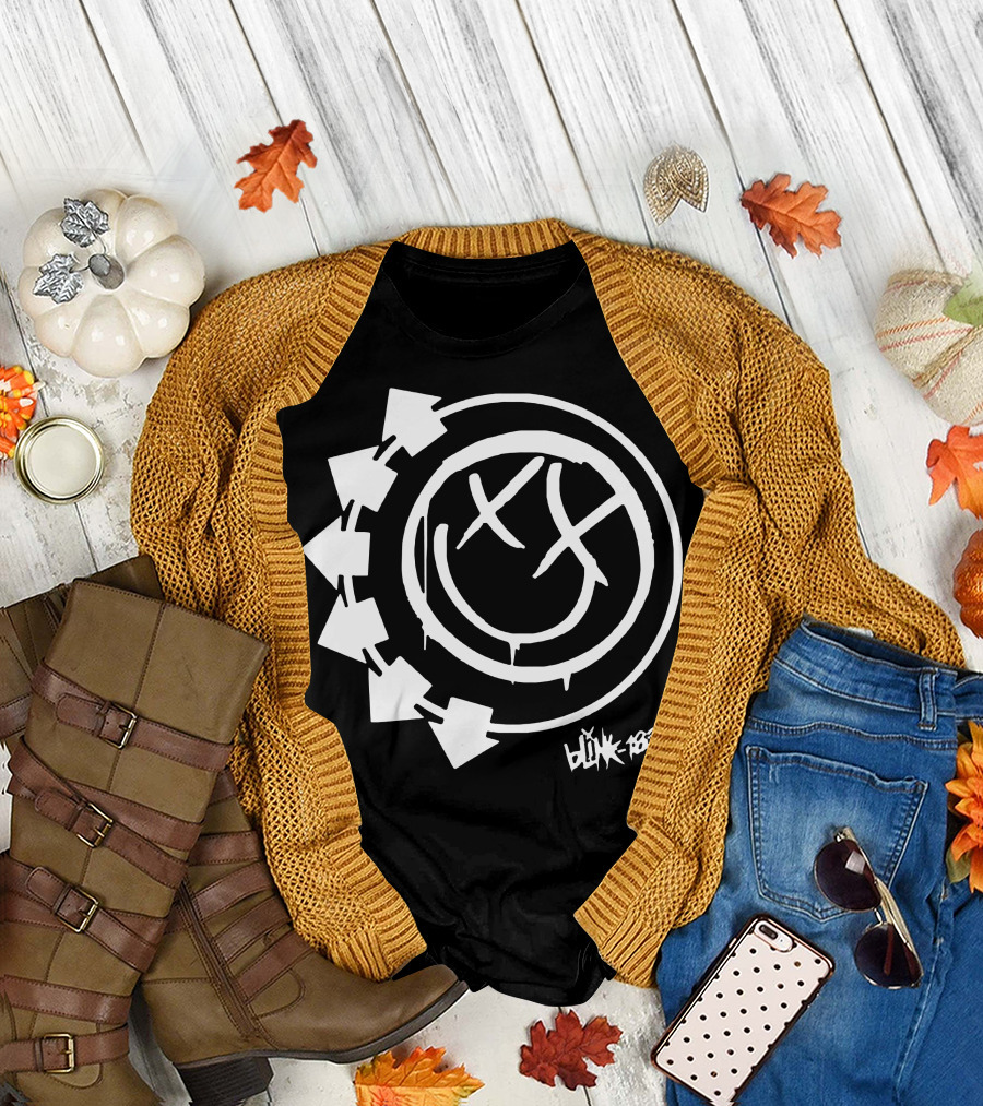 Blink 182 White Logo Arrows and Smiley Face T-Shirt