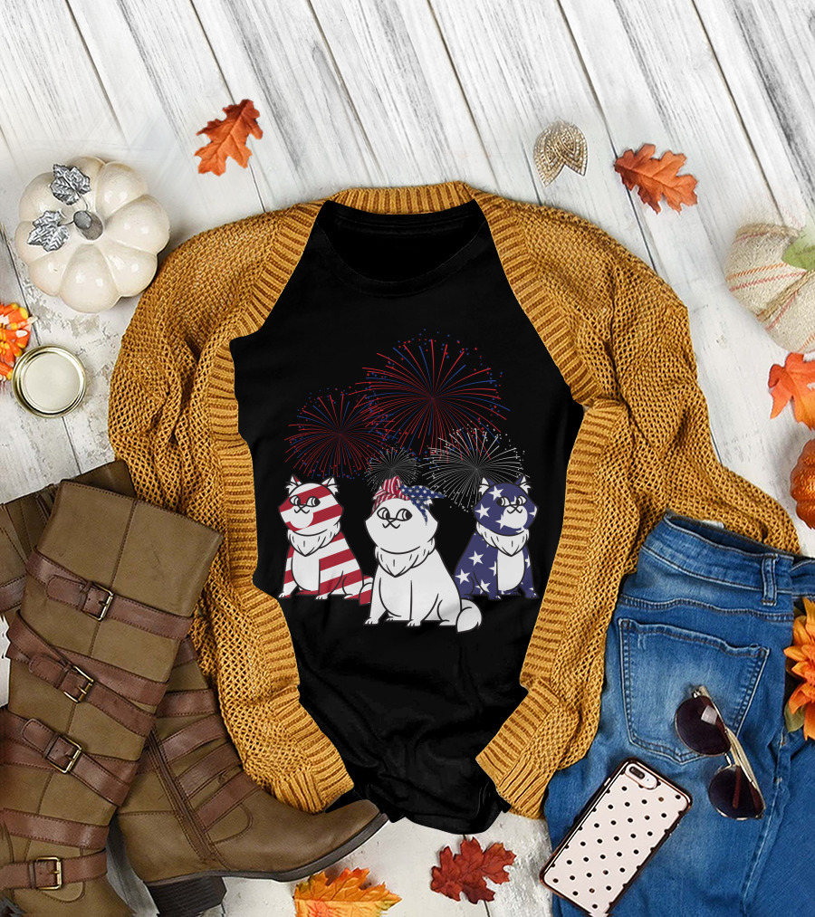 Patriotic Cat Trio American Flag 4th of July Fireworks T-Shirt
