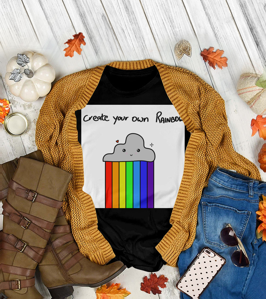 Create Your Own Rainbow Cute Cloud with Rainbow Stripes and Heart Detail T-Shirt