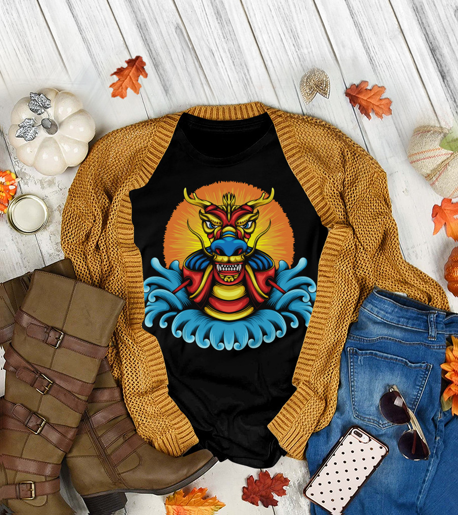 Dragon Boat Vibrant Mythical Head with Waves and Sunburst Background T-Shirt